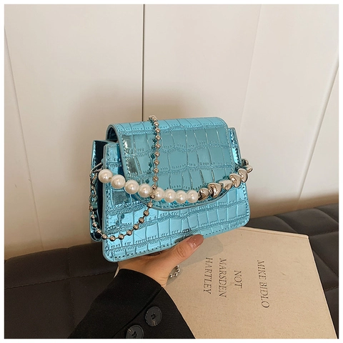 Women Mini Square Shoulder Bag Crocodile Pattern PU Leather Artificial Pearl Handle Shiny Metallic Chain Crossbody Handbag