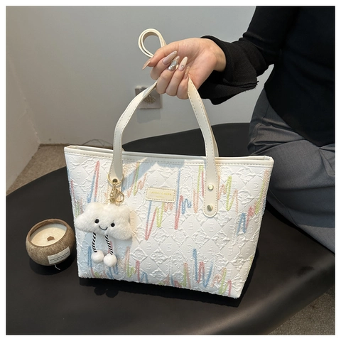 Borsa Tote da Donna a Grande Capacità Ricamo a Onde Multicolore Borsa a Tracolla in Pelle PU Borsa a Mano Casual Con Ciondolo Nuvola