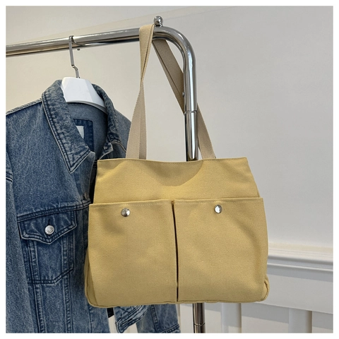 Canvas Tragetasche Mit Großer Kapazität Für Damen Einfarbig Lässig Schultertasche Mit Vordertaschen Pendler Handtasche