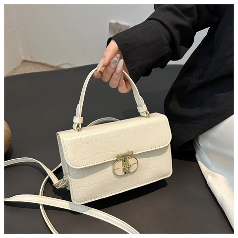 Women Crocodile Pattern PU Leather Small Square Bag Golden Metal Lock Top Handle Crossbody Shoulder Handbag