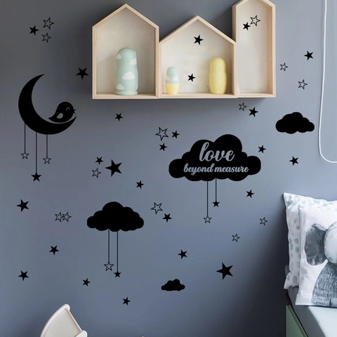 Cartoon Moon Stars Clouds Wall Sticker PVC Nursery Room Decal Love Beyond Measure Lettering Kids Bedroom Home Decor
