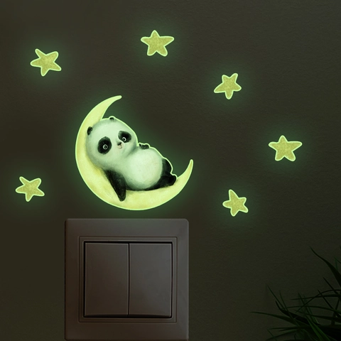 Adesivo Per Interruttore Luminoso PVC Brilla Al Buio Cartone Animato Panda Luna Stelle Decorazione Parete Camera