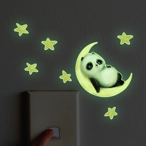 Adesivo Per Interruttore Luminoso PVC Brilla Al Buio Cartone Animato Panda Luna Stelle Decorazione Parete Camera