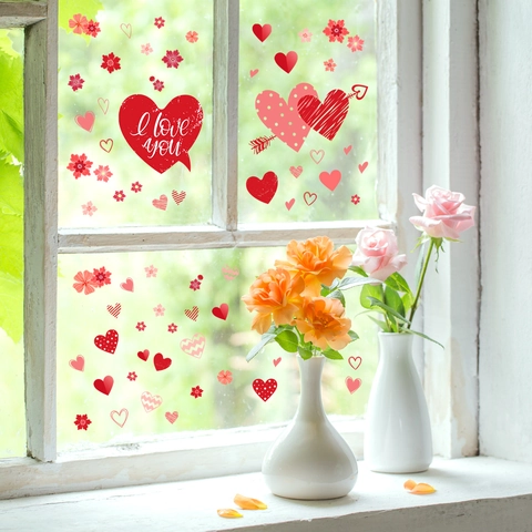 Adesivi Per Finestre Romantici Cuore Fiore San Valentino Decalcomanie In PVC Statiche Decorazione Per La Casa Tema Amore