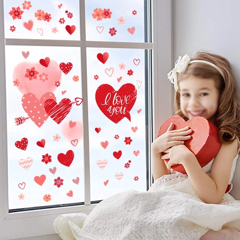 Adesivi Per Finestre Romantici Cuore Fiore San Valentino Decalcomanie In PVC Statiche Decorazione Per La Casa Tema Amore