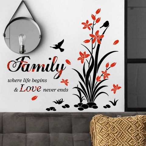 Family Quotes Wall Sticker PVC Floral Vine Bird Decal Removable Home Decor Living Room Bedroom DIY Art Mural