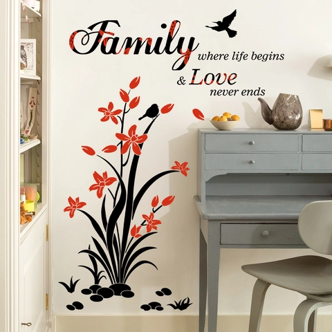 Family Quotes Wall Sticker PVC Floral Vine Bird Decal Removable Home Decor Living Room Bedroom DIY Art Mural