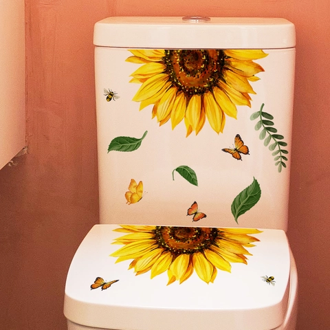 Sonnenblumen Schmetterling WC Deckel Aufkleber Wasserdichtes PVC Wandtattoo Badezimmer Dekorative Florale Wandbild