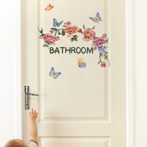 Adesivo Murale Per Bagno PVC Autoadesivo Motivo Fiori Rosa Farfalle Decorazione Per Porte Acquerello
