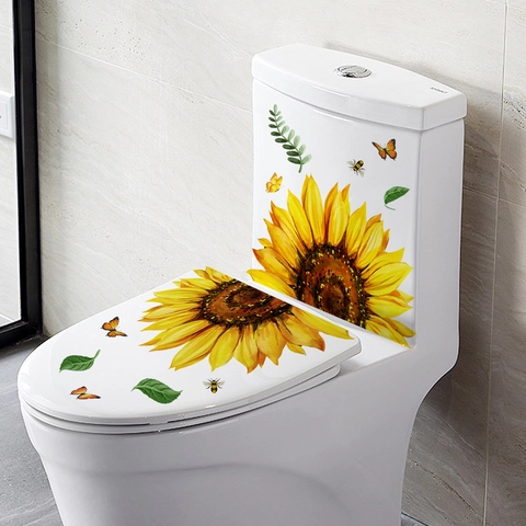 Sonnenblumen Schmetterling WC Deckel Aufkleber Wasserdichtes PVC Wandtattoo Badezimmer Dekorative Florale Wandbild