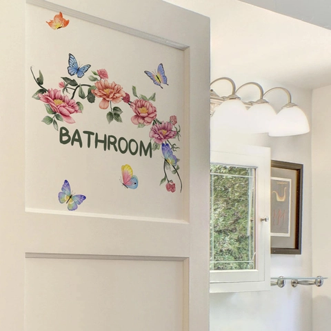 Adesivo Murale Per Bagno PVC Autoadesivo Motivo Fiori Rosa Farfalle Decorazione Per Porte Acquerello