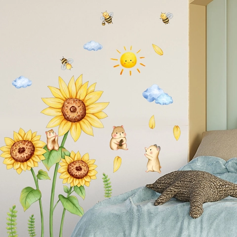 Cartoon Sunflower Bear Bee Wall Stickers For Kids Room Bedroom PVC Self Adhesive Watercolor Animal Floral Wall Decal Home Decor