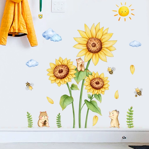 Cartoon Sunflower Bear Bee Wall Stickers For Kids Room Bedroom PVC Self Adhesive Watercolor Animal Floral Wall Decal Home Decor