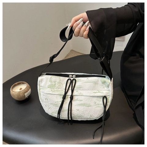Women Vintage Ink Landscape Print Shoulder Bag Pleated Nylon Fabric Half Moon Saddle Crossbody Bag Adjustable Strap Purse