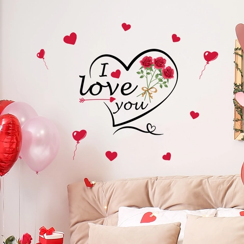 Wall Sticker PVC Romantic Heart Red Rose I Love You Pattern Valentine's Day Decor Self-Adhesive Removable Mural For Bedroom