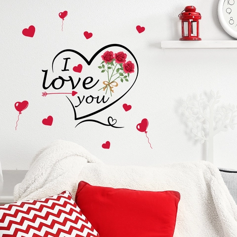 Wall Sticker PVC Romantic Heart Red Rose I Love You Pattern Valentine's Day Decor Self-Adhesive Removable Mural For Bedroom
