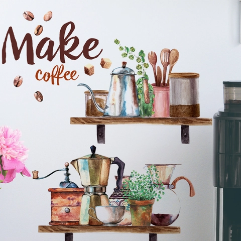 Retro Kaffee Thema Aquarell Wandaufkleber PVC Selbstklebend Mokkakanne Mühle Wandbild Für Küche Restaurant Café Haus Deko