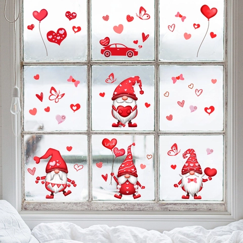 Valentine's Day Gnomes Heart Window Clings For Glass Static Stickers Set Romantic Love Heart Balloons For Home Decor