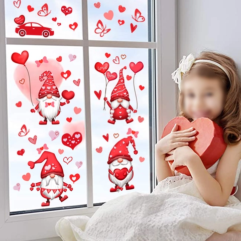 Valentine's Day Gnomes Heart Window Clings For Glass Static Stickers Set Romantic Love Heart Balloons For Home Decor