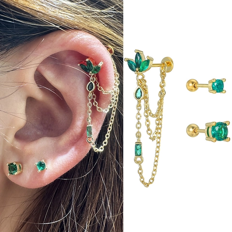 Emerald Green Zircon Leaf Studs And Chain Piercing Earrings Gold Plated Alloy With Stainless Steel Earring Post