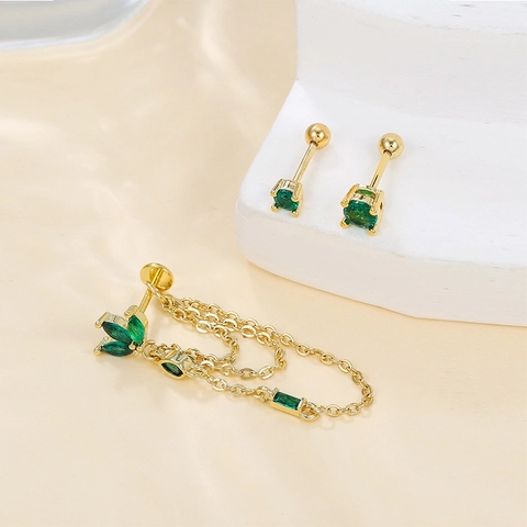 Emerald Green Zircon Leaf Studs And Chain Piercing Earrings Gold Plated Alloy With Stainless Steel Earring Post