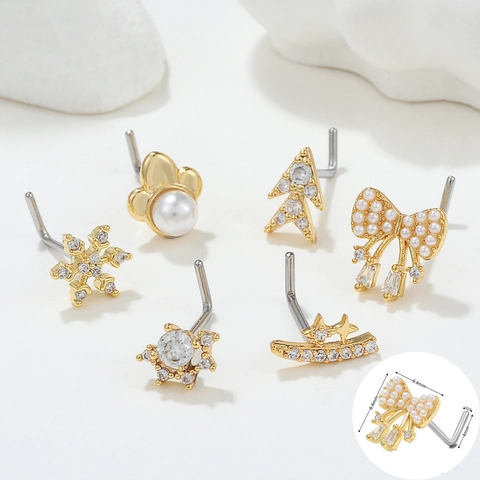L-Shaped Stainless Steel Nose Stud With Zircon Pearl Bow Snowflake Star Flower Design Gold Silver Body Piercing Jewelry