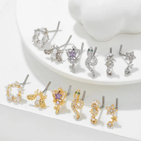 Copper Brass Cubic Zirconia Imitation Artificial Pearl L-Shaped Nose Studs Snake Bee Seahorse Star Animal Design Body Piercing