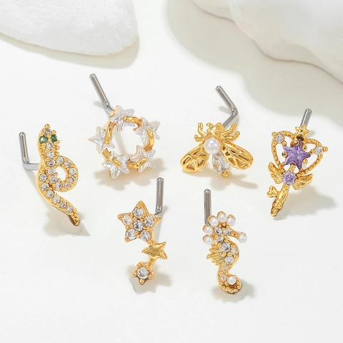 Copper Brass Cubic Zirconia Imitation Artificial Pearl L-Shaped Nose Studs Snake Bee Seahorse Star Animal Design Body Piercing
