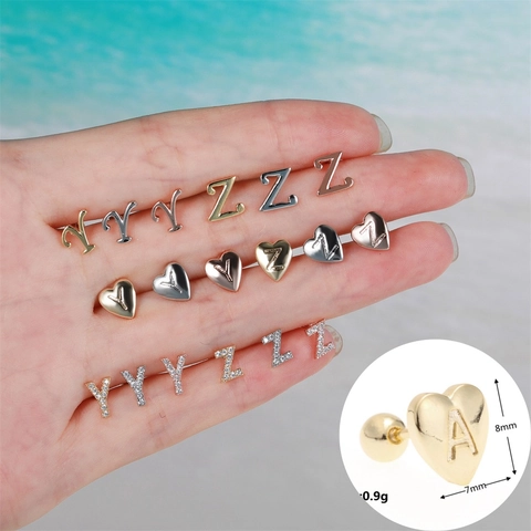 Heart Initial Letter Stud Earrings Copper Polished With Stainless Steel Earring Post Screw Back Piercing Fashion