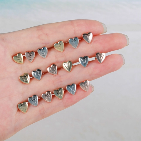 Heart Initial Letter Stud Earrings Copper Polished With Stainless Steel Earring Post Screw Back Piercing Fashion
