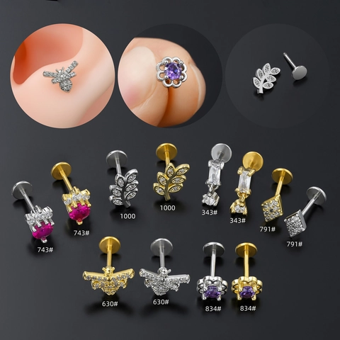 Zirconia Labret Studs Stainless Steel Rod Copper Bee Leaf Geometric Flower Lip Rings Ear Cartilage Piercing Jewelry For Women