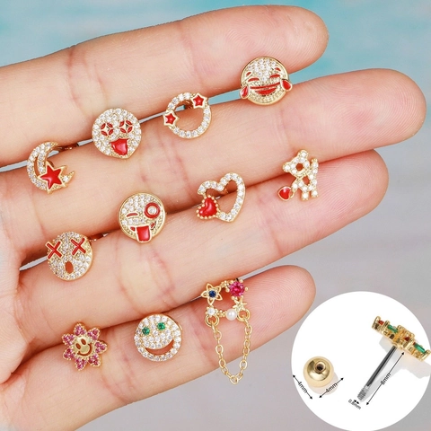 Pendientes de Botón Hip Hop de Cobre y Zirconia Con Poste de Acero Inoxidable Emoji Corazón Oso Luna Estrella Joyería