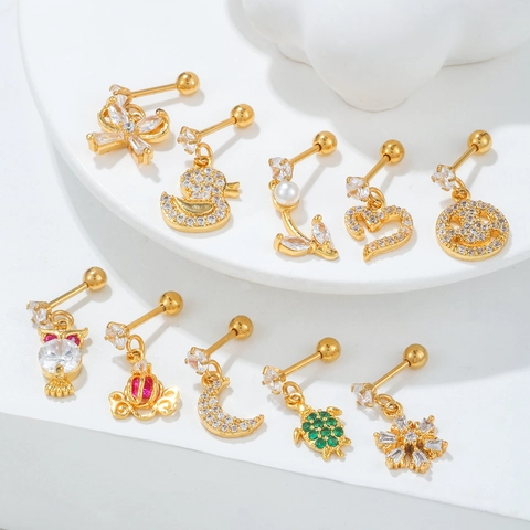 Copper Cubic Zirconia Cartilage Stud Earrings For Women Cute Animal Turtle Heart Moon Screw Ball Back Piercing Jewelry