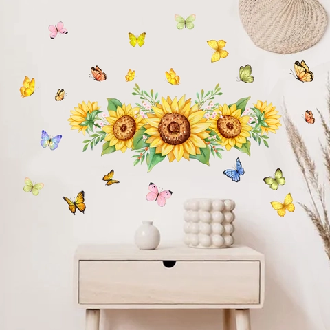 Sunflower Butterfly Wall Stickers PVC Self Adhesive Waterproof Decals For Bedroom Kids Room Nursery Decor Nature Style