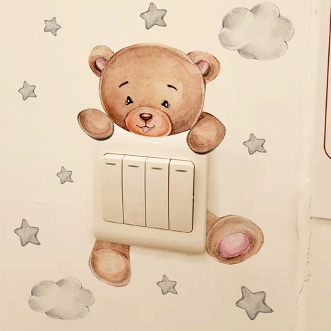 Watercolor Cartoon Bear With Stars Clouds Switch Wall Sticker For Kids Room Bedroom Home Decor Self Adhesive PVC Decal