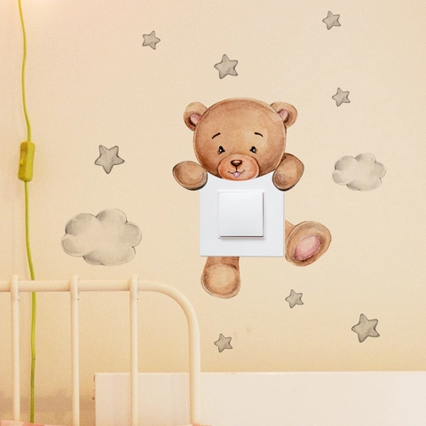 Watercolor Cartoon Bear With Stars Clouds Switch Wall Sticker For Kids Room Bedroom Home Decor Self Adhesive PVC Decal