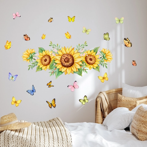 Sunflower Butterfly Wall Stickers PVC Self Adhesive Waterproof Decals For Bedroom Kids Room Nursery Decor Nature Style