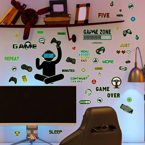 Pegatinas De Pared Gaming Luminosas Brilla En La Oscuridad PVC Mandos Calcomanías Para Dormitorio De Jugadores Decoración
