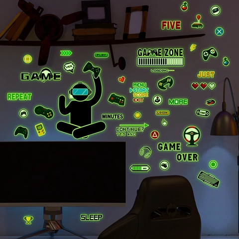 Pegatinas De Pared Gaming Luminosas Brilla En La Oscuridad PVC Mandos Calcomanías Para Dormitorio De Jugadores Decoración