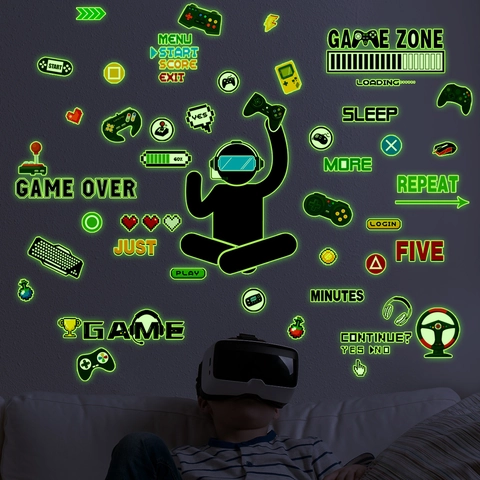 Set Adesivi Murali Gaming Fluorescenti al Buio in PVC Gamer Zone Game Over Controller VR Player per Decorazione Camera
