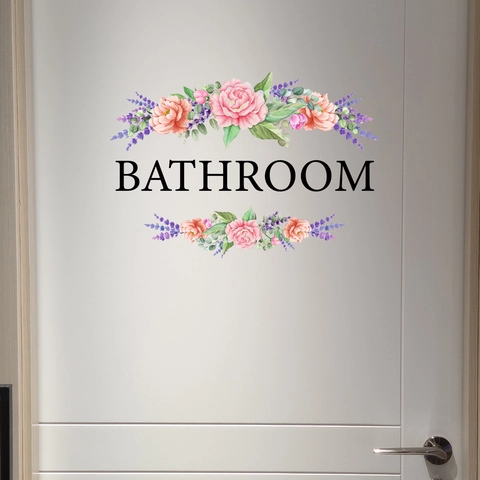 Floral Bathroom Door Wall Sticker PVC Waterproof Removable Rose Lavender Decal With Bathroom Letter For Restroom Home Decor