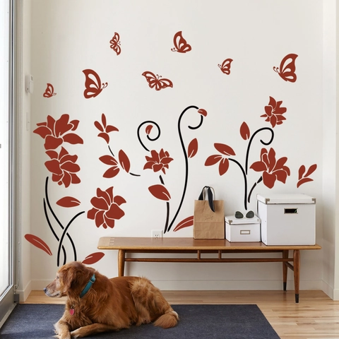 Adesivi Murali Vite Di Fiori Rossi PVC Removibile Decalcomanie Farfalla Per Soggiorno Camera Da Letto Mobili Frigo