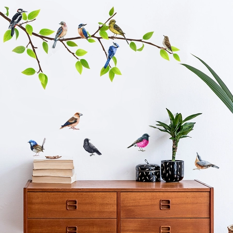 Colorful Birds On Tree Branches Wall Stickers PVC Removable Nature Art Decals For Living Room Bedroom Background Decor