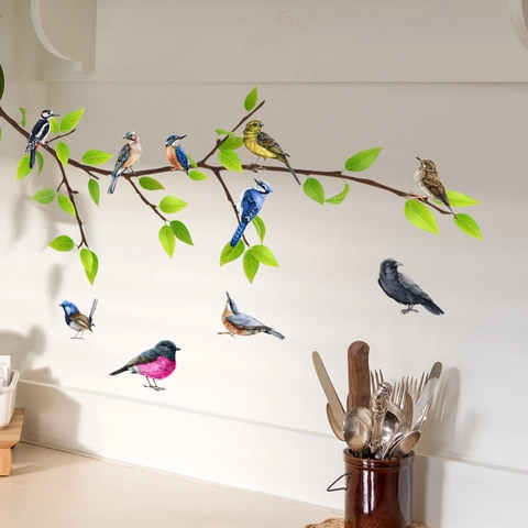 Colorful Birds On Tree Branches Wall Stickers PVC Removable Nature Art Decals For Living Room Bedroom Background Decor