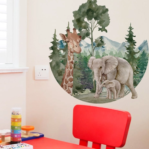 Aquarell Waldtiere Wandaufkleber Elefant Giraffe Bäume Berge PVC Dekoration Kinderzimmer
