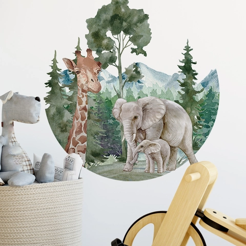 Aquarell Waldtiere Wandaufkleber Elefant Giraffe Bäume Berge PVC Dekoration Kinderzimmer