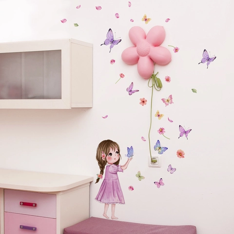 Cartoon Girl Butterfly Wall Stickers For Kids Room Decor Waterproof PVC Purple Butterfly Girl Wall Decals Nursery Bedroom