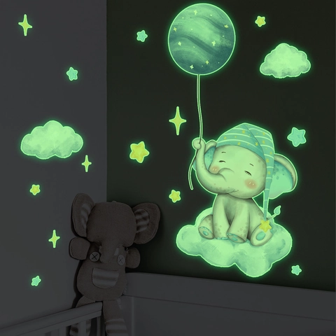 Adesivi Murali Elefante Luna Stelle Luminosi PVC Decorazione Per Cameretta Bambini Removibile