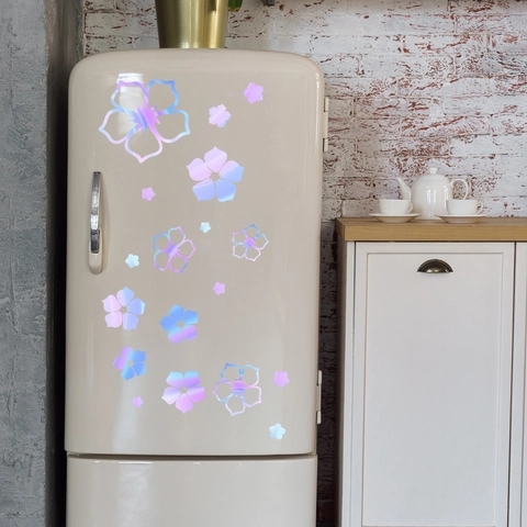 Luminous Holographic Flower Wall Stickers Glow In The Dark PVC Floral Fridge Magnets Self Adhesive Decals For Kitchen Bathroom Home Decor