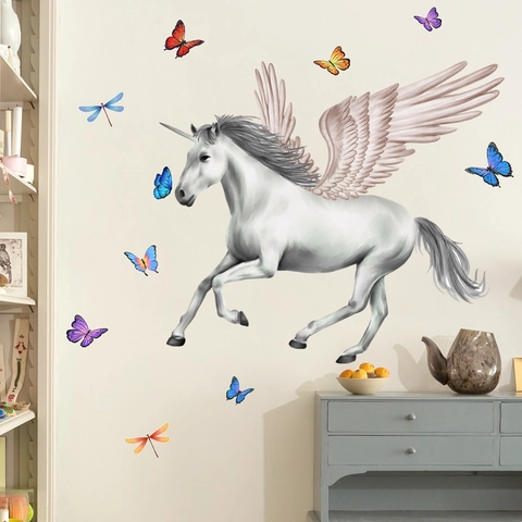Autocollants Muraux Licorne Avec Ailes Roses Papillons Colorés Libellules Décalcomanies Auto-Adhésives PVC Pour Chambre Enfant